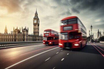 Two red double decker buses are driving on the street near big ben on London Bridge, Generative AI