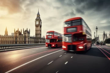 Foto op Canvas Two red double decker buses are driving on the street near big ben on London Bridge, Generative AI © amankris99