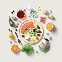AI Flat lay illustration, fruits vegetables presentation, hydration healthy drinks, seeds . Balanced diet Concept, ingredients meals, health benefits nutrients, taking supplements tablets. Care mood	