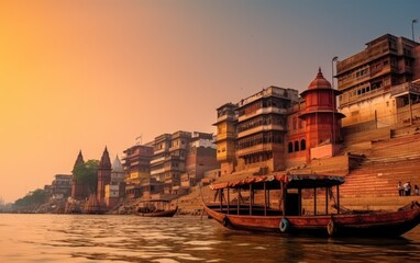Varanasi city with ancient architecture. View of the holy Manikarnika ghat at Varanasi India at sunset, Generative AI - obrazy, fototapety, plakaty