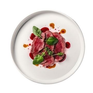 Beef Carpaccio On White Smooth Round Plate, French Dish. Generative AI