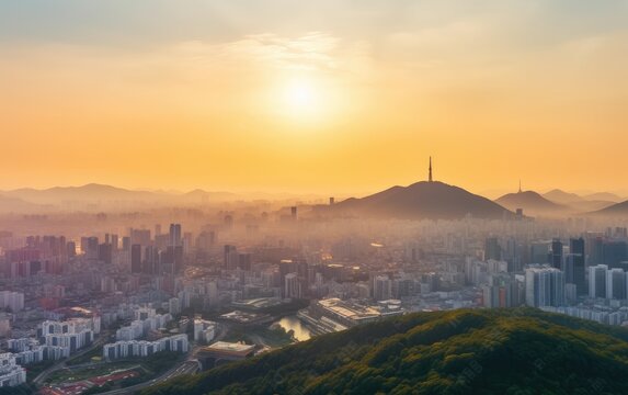 Sunrise of seoul city skyline, south korea, Generative AI