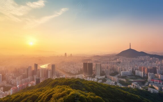 Sunrise of seoul city skyline, south korea, Generative AI