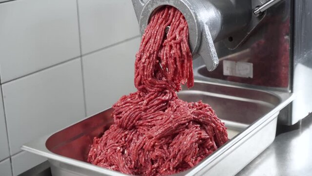 Industrial processing lard or beef meat in minced meat on a meat grinder at a meat factory close up.