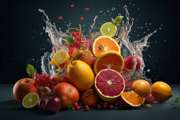 Fototapeta na wymiar A group of different fruit with a splash of orange juice, AI digital art, colorful composition, 3d product render, food particles, full hd render of mixed colored fruit 