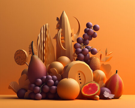 AI food vintage art, beautiful autumnal still life, 3d render artwork illustration with fruit carved in coloured wood. elegant composition for holidays. A fancy arrangements of fruits