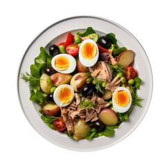 Salade Nioise On A White Ornate Round Smooth Plate, French Dish. Generative AI