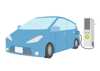 充電中の青い電気自動車のイラスト_4
