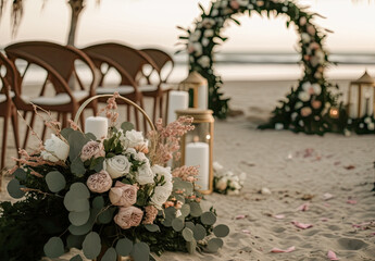 a light and airy boho wedding aisle set on a beach with boho florals and muted tones, ai generative