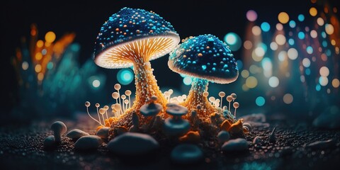 Fototapeta na wymiar psychedelic colorful mushrooms in a forest, generative ai