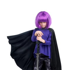 Girl kid in costume, sword or superhero cape with warrior or fantasy creativity isolated on transparent png background. Halloween, female child and cosplay with vigilante, villain and comic aesthetic