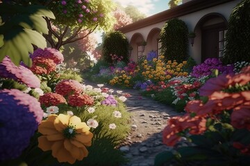 Fototapeta na wymiar beautiful colorful flowers in a garden, generative AI