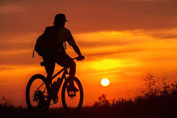 Obraz premium Biker Silhouette: Capturing a Cyclist Against a Radiant Sunset. Generative AI