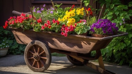 Fototapeta na wymiar Colorful Potted Flowers in Wooden Wheelbarrow with Neatly Arranged Gardening Tools in Charming Garden Shed - Generative AI