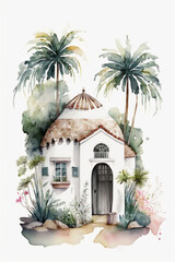 Cute watercolor boho house. White background, cactus, ai generative