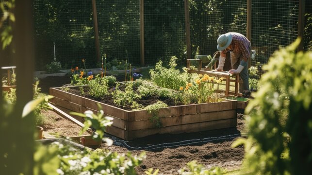 Expert Gardener Planting Seedlings in Raised Garden Bed Surrounded by Lush Vegetation and Fruit Trees - Warm, Dappled Sunlight Adds to Earthy Tones and Vibrant Greens - Generative AI