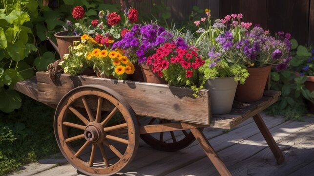 Colorful Potted Flowers in Wooden Wheelbarrow with Neatly Arranged Gardening Tools in Charming Garden Shed - Generative AI
