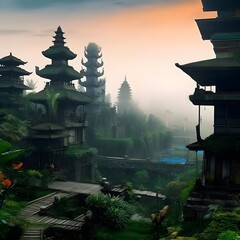 A temple in a jungle with a sky background. Bali beautiful landscape. ai generate.