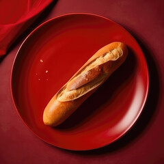 Baguette On Red Smooth Round Plate, French Dish. Generative AI