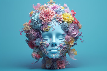 Woman brain with flowers, self esteem and mental health care concept, positive thinking, creative mind, generative AI