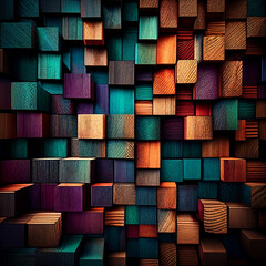Aged colored wood blocks art texture abstract stack on the wall for background, colorful wood texture for backdrop