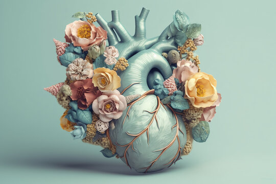 Human heart with flowers, love and emotion concept, good hearted person, help and charity, generative AI