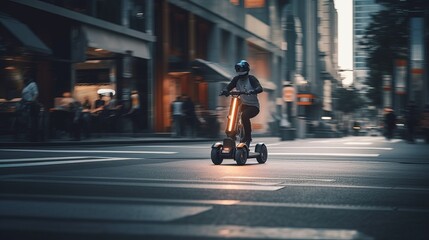 E-bikes, scooters safety. Riding e-scooter in urban environment close up. AI generated