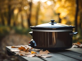 A crock pot sitting on top of a wooden table. AI generative image.