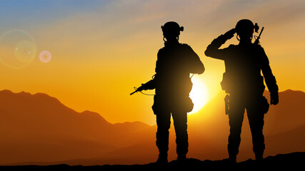 Silhouettes of a soliders against the sunset. EPS10 vector