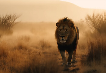 male lion of african jungle and savannah landscape as wondrous concept of the natural adventure and majestic wildlife animal in savanna. Generative AI. - obrazy, fototapety, plakaty