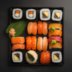 a tray of assorted sushi rolls, top down view