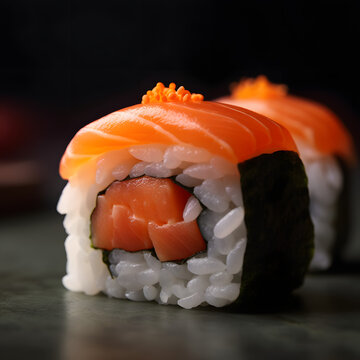 closeup of a sake sushi roll with tabiko, clean background