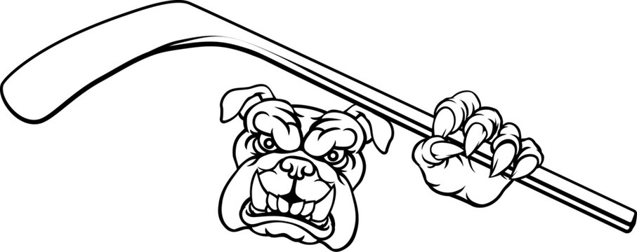 A bulldog ice hockey player animal sports mascot holding a hockey stick