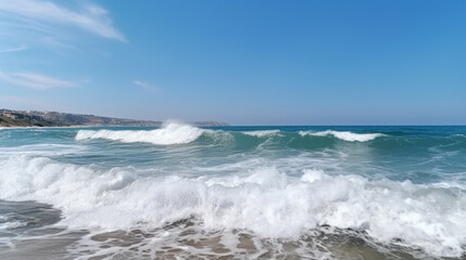 Beautiful panoramic seascape with surf waves against a blue sunny sky with clouds.
