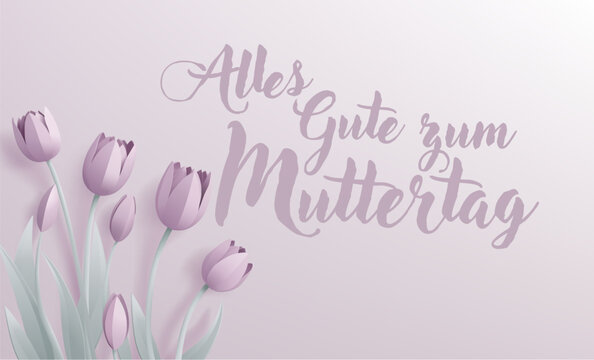 German Happy Mothers Day Alles Gute Zum Muttertag paper craft or paper cut origami style floral tulip flowers design. With lilac tulips background corner frame design elements.