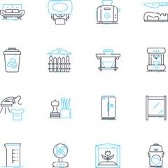 Domesticity linear icons set. Home, Family, Comfort, Routine, Housework, Cozy, Organization line vector and concept signs. Cooking,Cleaning,Nesting outline illustrations