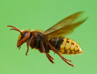 Close-up view of live European hornet in flight Vespa crabro-the largest eusocial wasp native to...