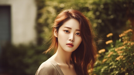 Naklejka premium Illustration of a portrait of a Korean girl created as a generative artwork using AI.