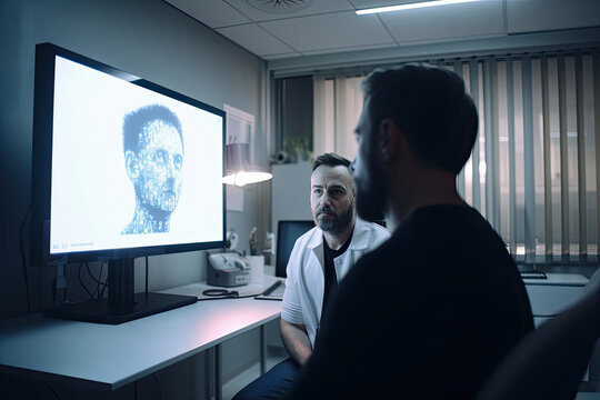 Generative AI illustration of focused male specialists sitting in front of computer monitor with graphic image of person head while discussing problem during meeting in contemporary hospital