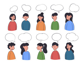 Social media, communication and message concept. Set of characters with empty speech bubbles. Male and female people making announcement, talking. Hand drawn doodle isolated vector illustration.