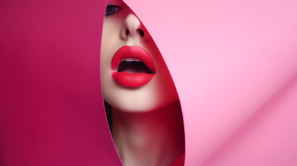 Beautiful plump bright lips of pink color peep into the slit of colored paper Generated AI - obrazy, fototapety, plakaty