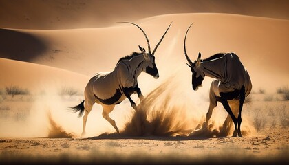 The battle for the oryx in Namibia's Kalahari Desert Generative AI - obrazy, fototapety, plakaty