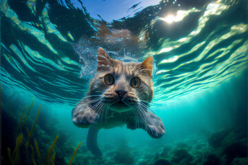 Naklejka na ściany i meble Snorkeling cat. View of a cat underwater shooting.
