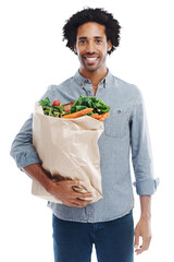 Grocery bag, vegetables and portrait of a black man after shopping isolated on a transparent png...