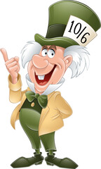 Madhatter from Wonderland with green hat on his head pointing with his finger