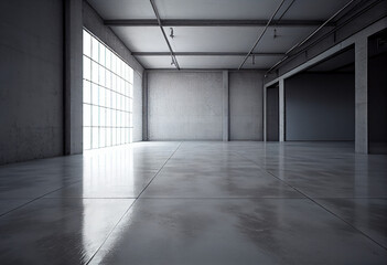 Photorealistic interior of a large empty industrial warehouse or hangar with a concrete floor. AI generative.