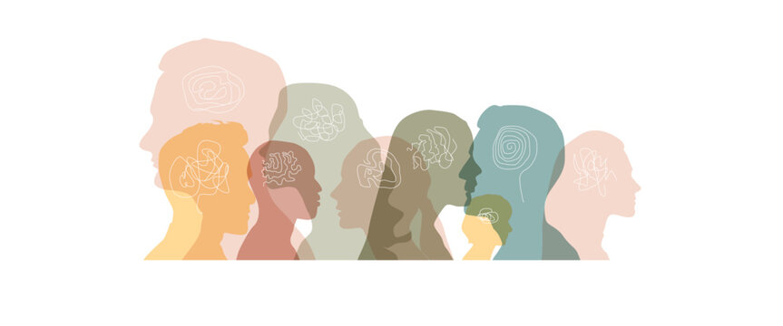 Banner background of human profile silhouette. Colorful up hands. Vector illustration	