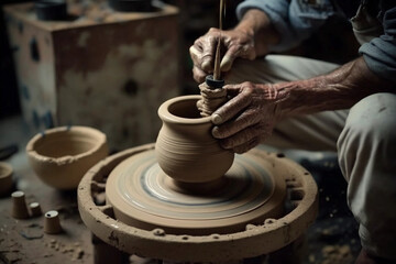 a potter creating a beautiful ceramic vase on a pottery wheel, Generative AI