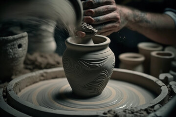 Fototapeta premium a potter creating a beautiful ceramic vase on a pottery wheel, Generative AI