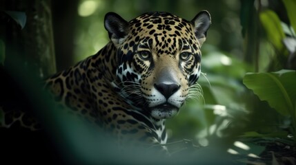 Fototapeta na wymiar Jaguar in a cinematic tropical forest background with beautiful colors generative ai